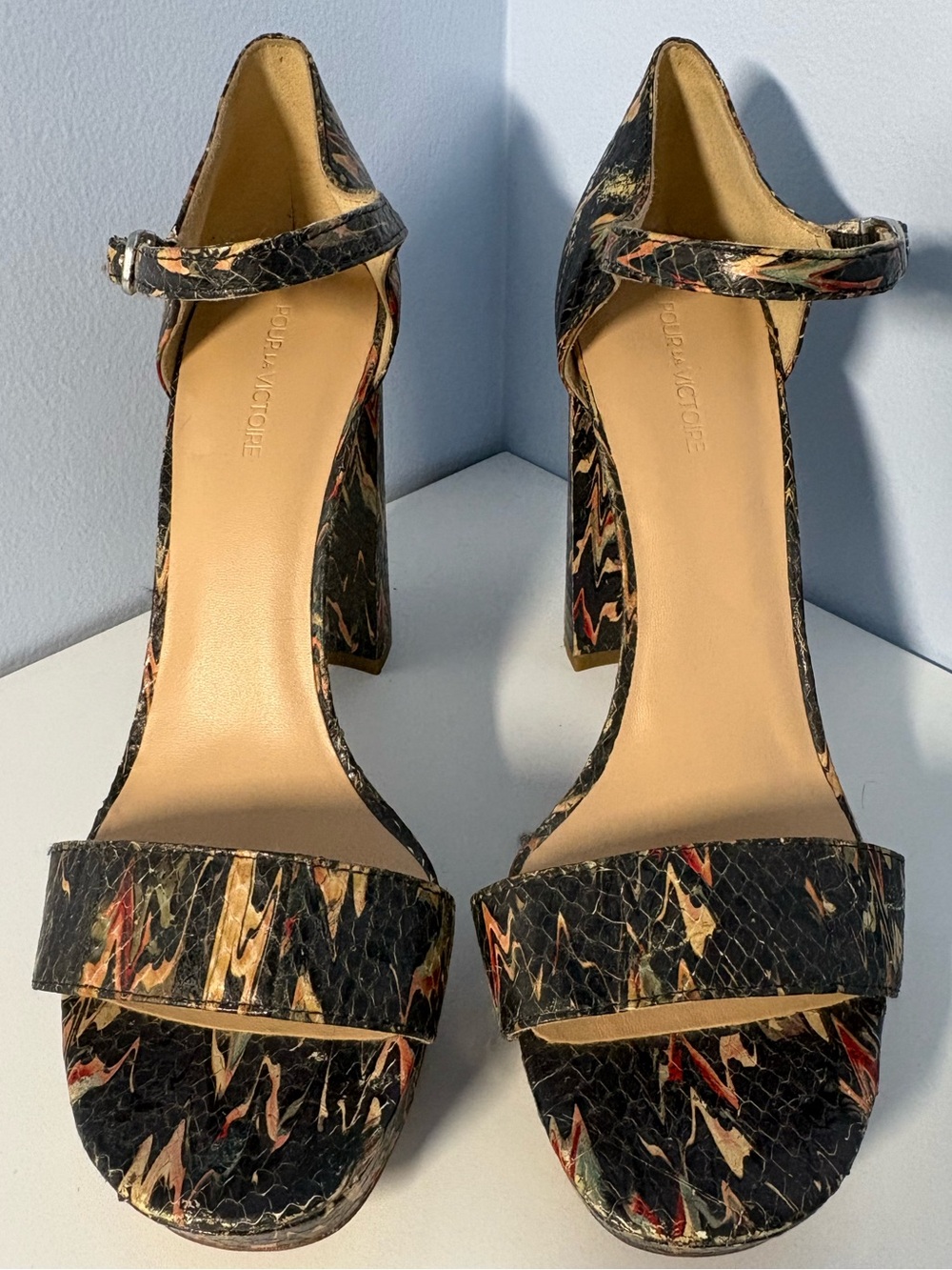 Pour La Victoire Black Multicolor Textured Block Heel Sandals